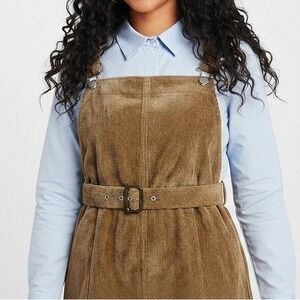 Missguided Brown Corduroy Pinafore Dress with Belt Buckle Straps Size US 10